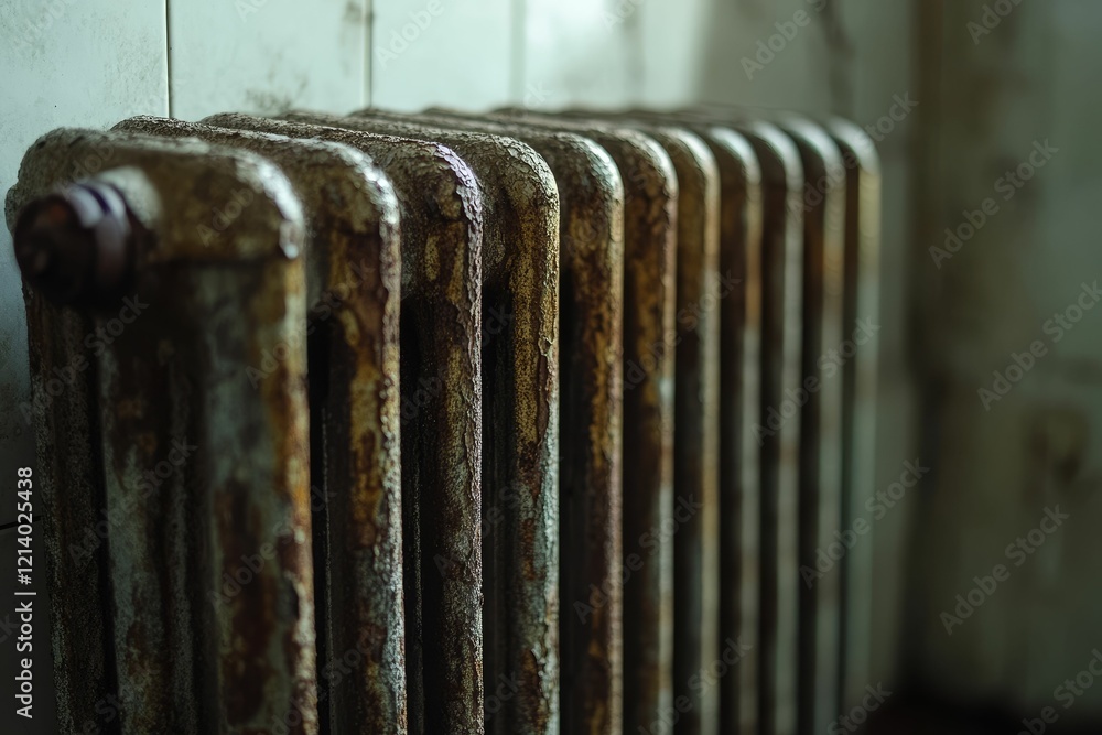 Rusty metal radiator with a white tiled wall.