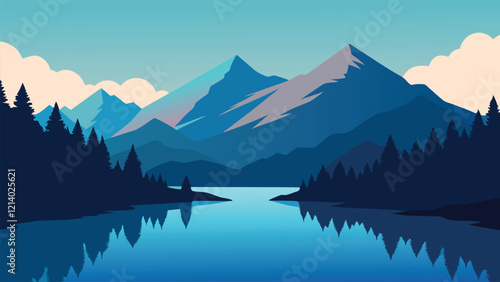  Mountain range with lush trees surrounding a tranquil lake, reflecting the natural beauty of the landscape flat vector illustration.