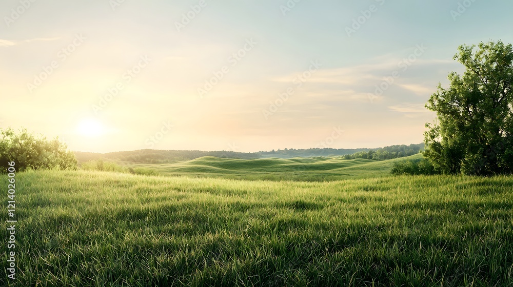 Picturesque rolling countryside meadow with lush green grass distant hills and a beautiful sky at sunrise Peaceful and tranquil rural landscape in a serene natural environment Picturesque rolling countryside meadow with lush green grass distant hills and a beautiful sky at sunrise Peaceful and tranquil rural landscape in a serene natural environment