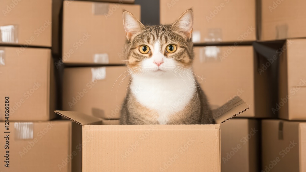 Fototapeta premium A curious cat sits in a cardboard box amidst stacked boxes, showcasing its playful nature and love for cozy spaces.