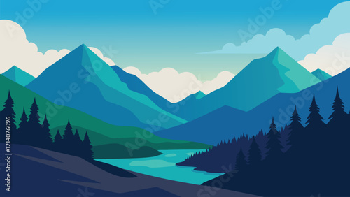 Mountain valley surrounded by lush trees and soft clouds, showcasing nature's serene beauty flat vector illustration.