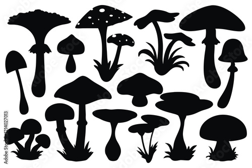 Mushrooms silhouettes set isolated flat vector illustration on white background. photo