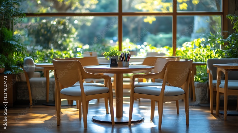 Sunny Cafe Interior With Wooden Chairs And Table Sunny Cafe Interior With Wooden Chairs And Table