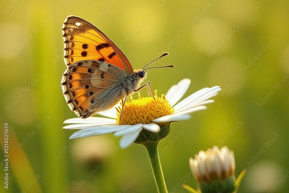 Close-up of an orange butterfly resting on a white daisy flower, against a blurred green background, symbolizing serenity and nature.. Close-up of an orange butterfly resting on a white daisy flower, against a blurred green background, symbolizing serenity and nature..