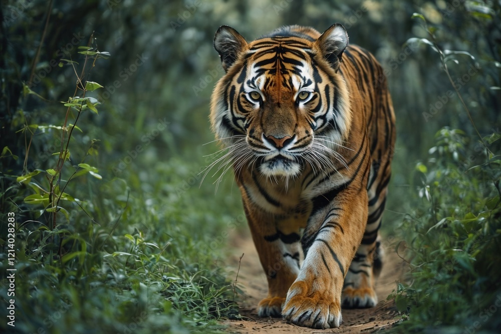 Obraz premium Close-up of a tiger walking through a lush green jungle path.