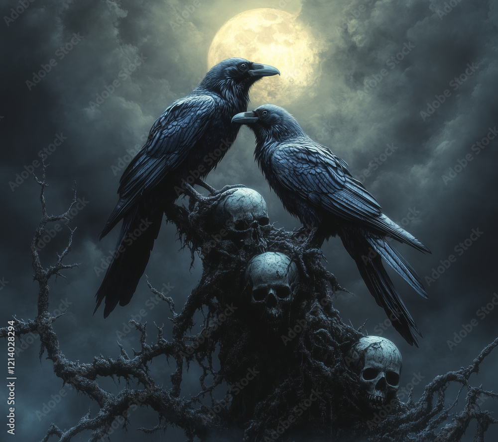 Fototapeta premium Dark Gothic Artwork with Ravens on Skulls and a Moonlit Background – Perfect for Music metal rock Album Covers or Mysterious Themes