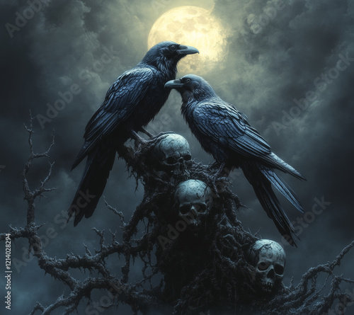 Dark Gothic Artwork with Ravens on Skulls and a Moonlit Background – Perfect for Music metal rock Album Covers or Mysterious Themes