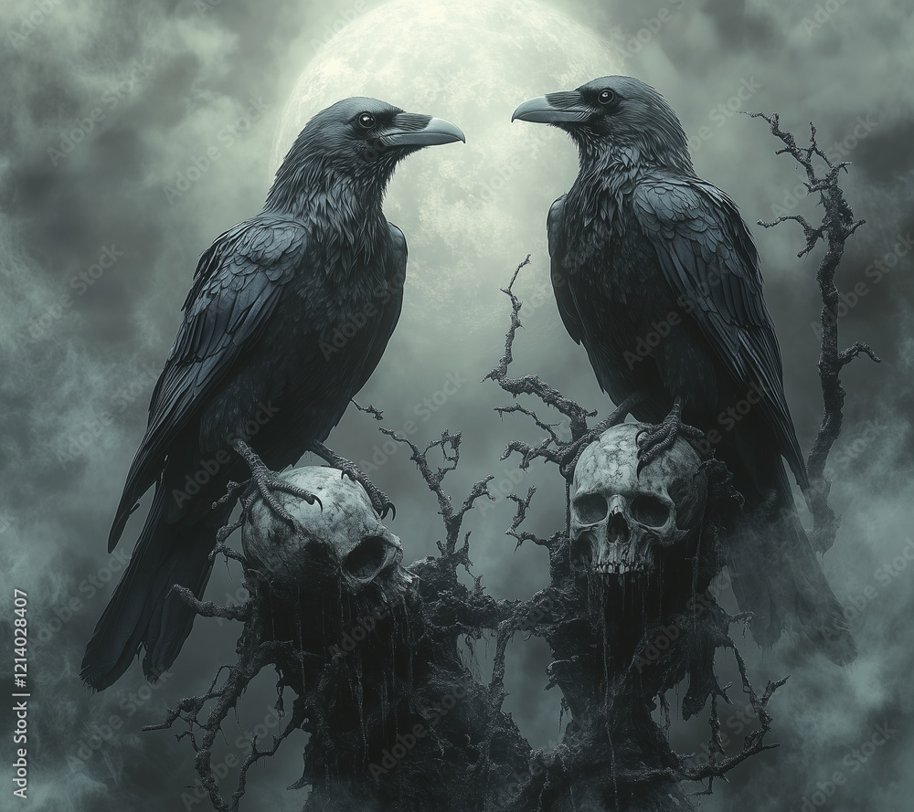 Fototapeta premium Dark Gothic Artwork with Ravens on Skulls and a Moonlit Background – Perfect for Music metal rock Album Covers or Mysterious Themes