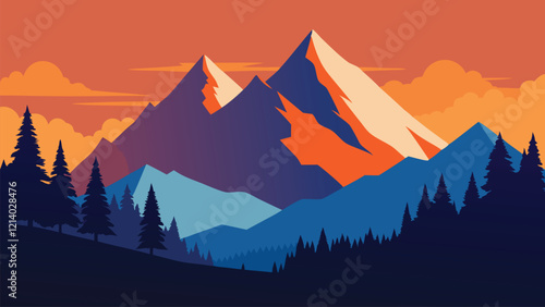 Picturesque scene featuring towering mountains and vibrant trees, highlighting the beauty of nature's landscape flat vector illustration