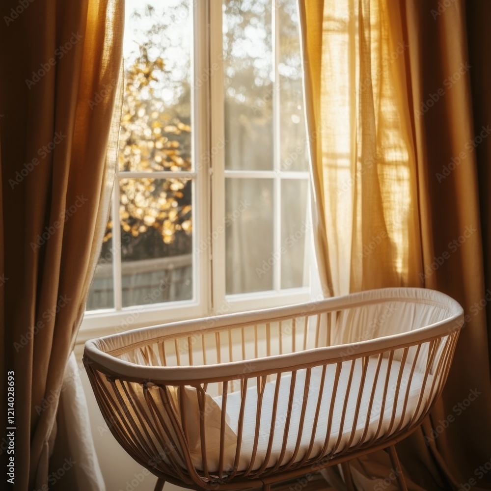 Cozy Nursery Scene with Cradle and Soft Natural Light Streaming In Cozy Nursery Scene with Cradle and Soft Natural Light Streaming In