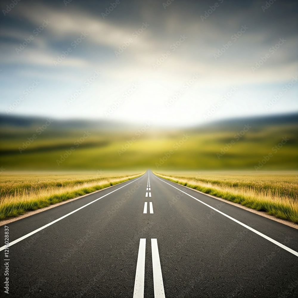 Obraz premium road in the countryside field. Empty road passing through grassy landscape under blue sky.