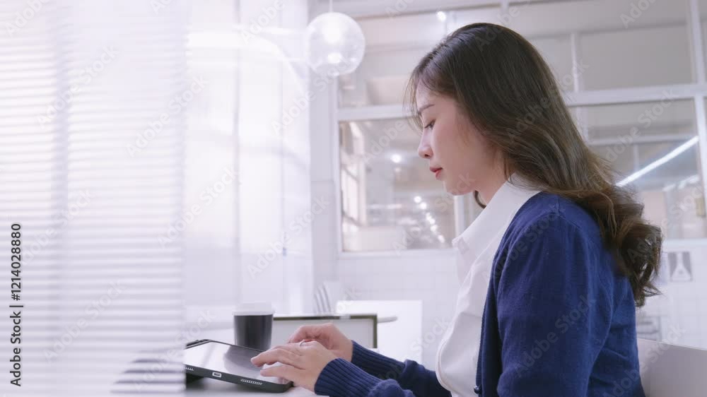 woman uses a tablet while working in a working space. woman uses a tablet while working in a working space.