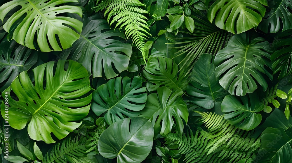 Abundant and Vibrant Tropical Foliage with Diverse Monstera Palm and Other Natural Greenery Elements Creating a Lush Verdant and Serene Botanical Background Abundant and Vibrant Tropical Foliage with Diverse Monstera Palm and Other Natural Greenery Elements Creating a Lush Verdant and Serene Botanical Background
