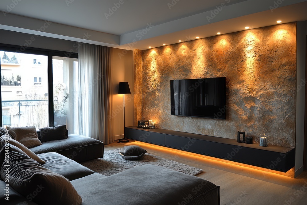 Fototapeta premium Modern living room with stone accent wall, sectional sofa, and flat-screen TV.