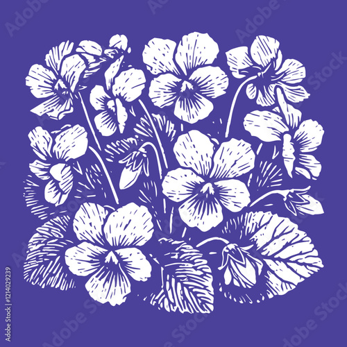 A white on purple illustration of a cluster of violets, rendered in a stylized, graphic style reminiscent of a linocut or woodcut print. The image is contained within a square format.