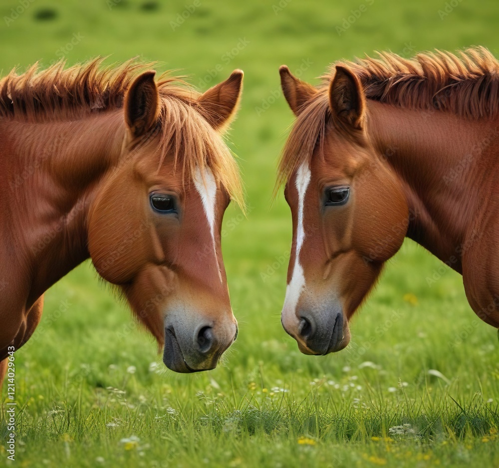 Obraz premium Close-up of wild mustangs grooming each other's coats in a green meadow, beautiful, muscular, relationship, manes
