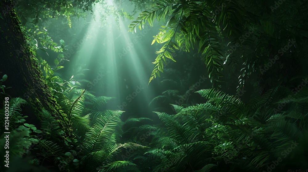 Fototapeta premium Lush evergreen forest with sunbeams streaming through the dense canopy creating a magical and tranquil atmosphere The verdant foliage and soft light evoke a sense of escape into the natural world