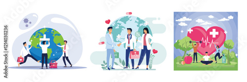 Doctors check the health world globe. Doctors and medical workers. People are exercising, yoga, living healthy.Set flat vector modern illustration