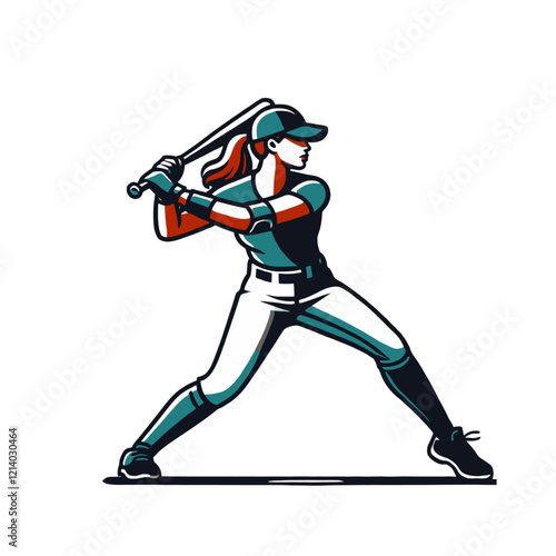 Female baseball player swinging a bat in a dynamic action pose, dressed in uniform and cap. Great for sports-themed design materials. Isolated vector illustration.