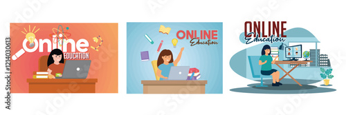 Female Student Using Laptop. Student girl with laptop books and plant. Happy cute little kid have video conference with classmate. Set flat vector modern illustration