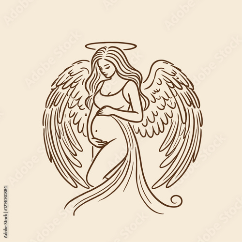 A beautiful angelic pregnant woman with wings, symbolizing maternal love, hope, and protection. Great for spiritual, maternity, and inspirational projects. Isolated vector illustration.