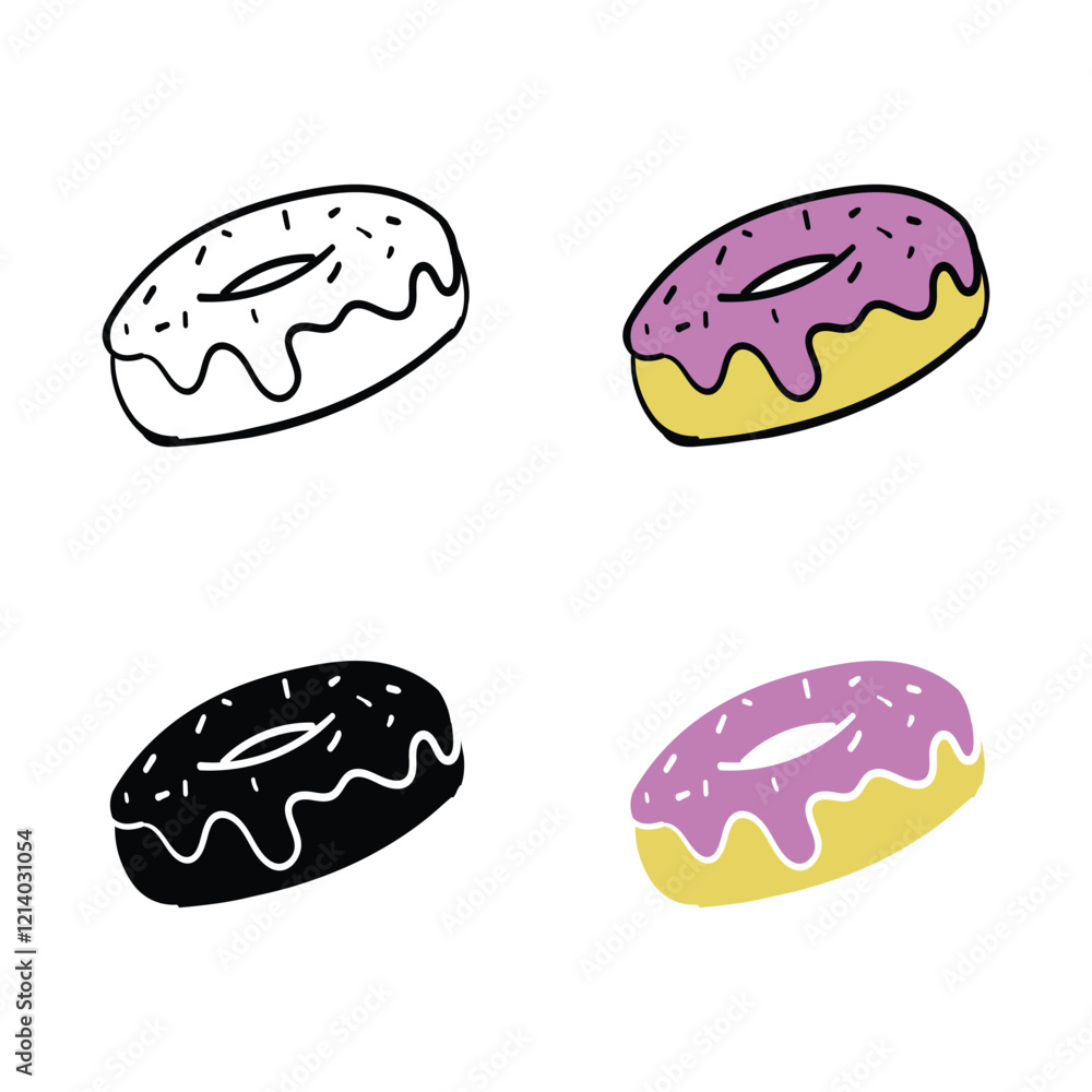 Hand drawn donut illustration in Various Styles and Colors Hand drawn donut illustration in Various Styles and Colors