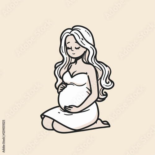 Cute cartoon-style pregnant woman sitting peacefully with long wavy hair, symbolizing happiness and love for the unborn child. Isolated vector illustration.