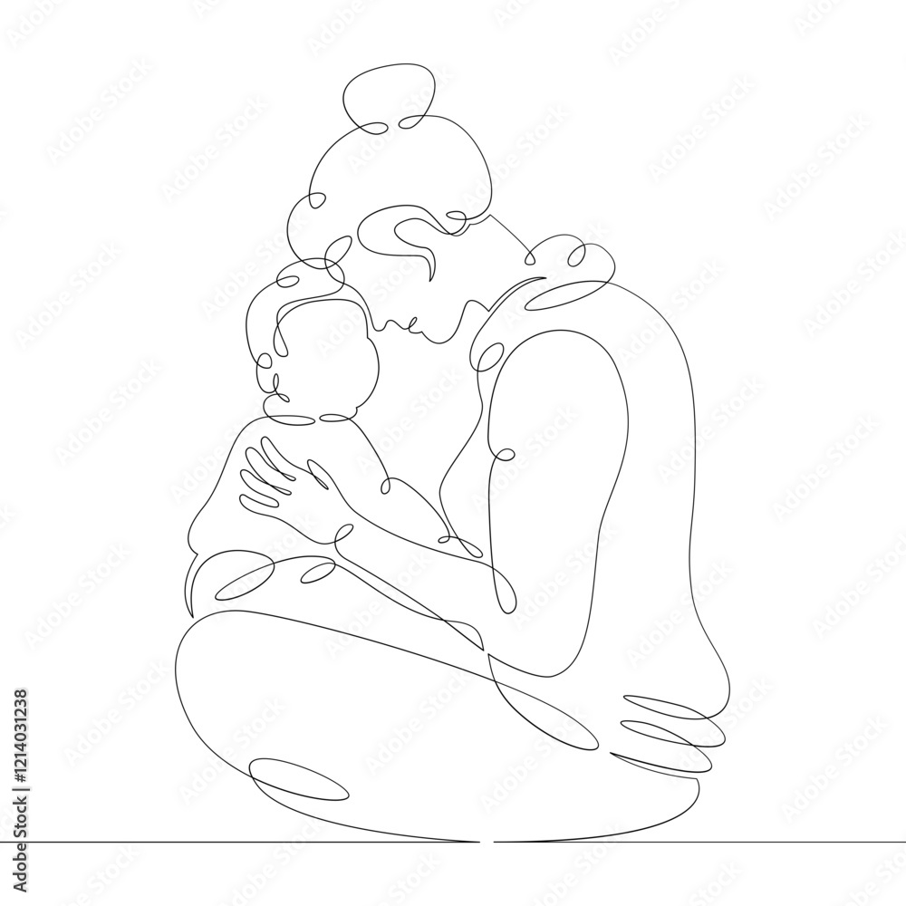 Young woman mother spends time, plays with little child son, hugs. One continuous drawing line, logo single hand drawn art doodle isolated minimal illustration. Young woman mother spends time, plays with little child son, hugs. One continuous drawing line, logo single hand drawn art doodle isolated minimal illustration.