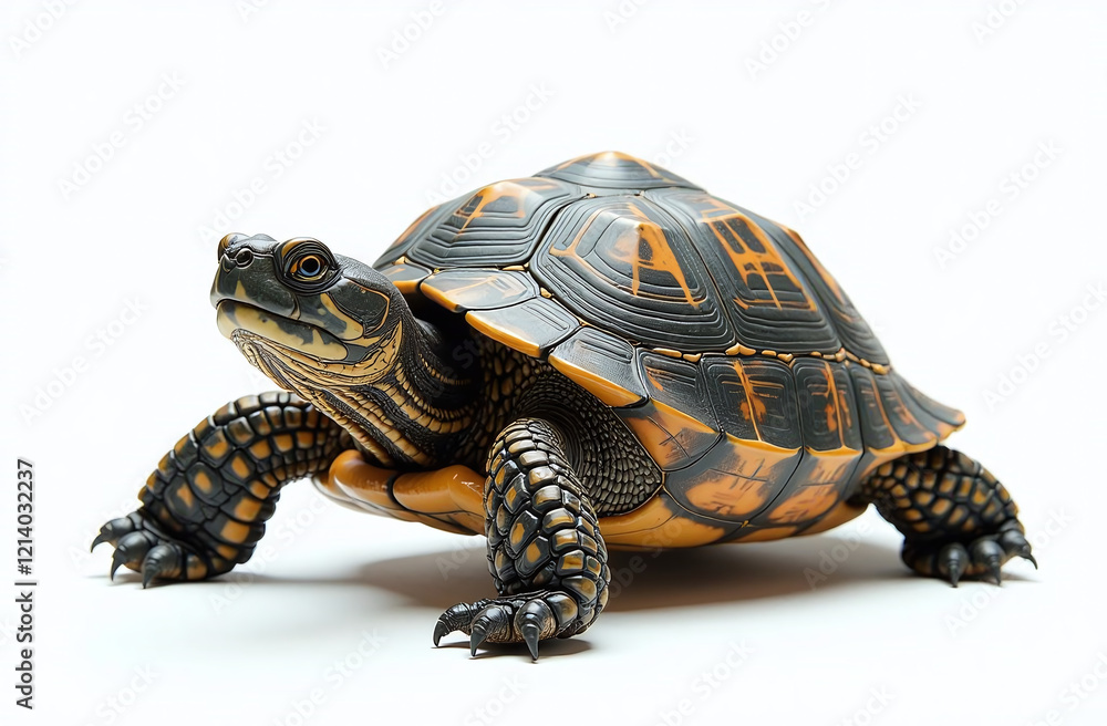 Obraz premium Close-up of a turtle with an intricate shell design and textured skin, displayed on a clean white background, symbolizing nature
