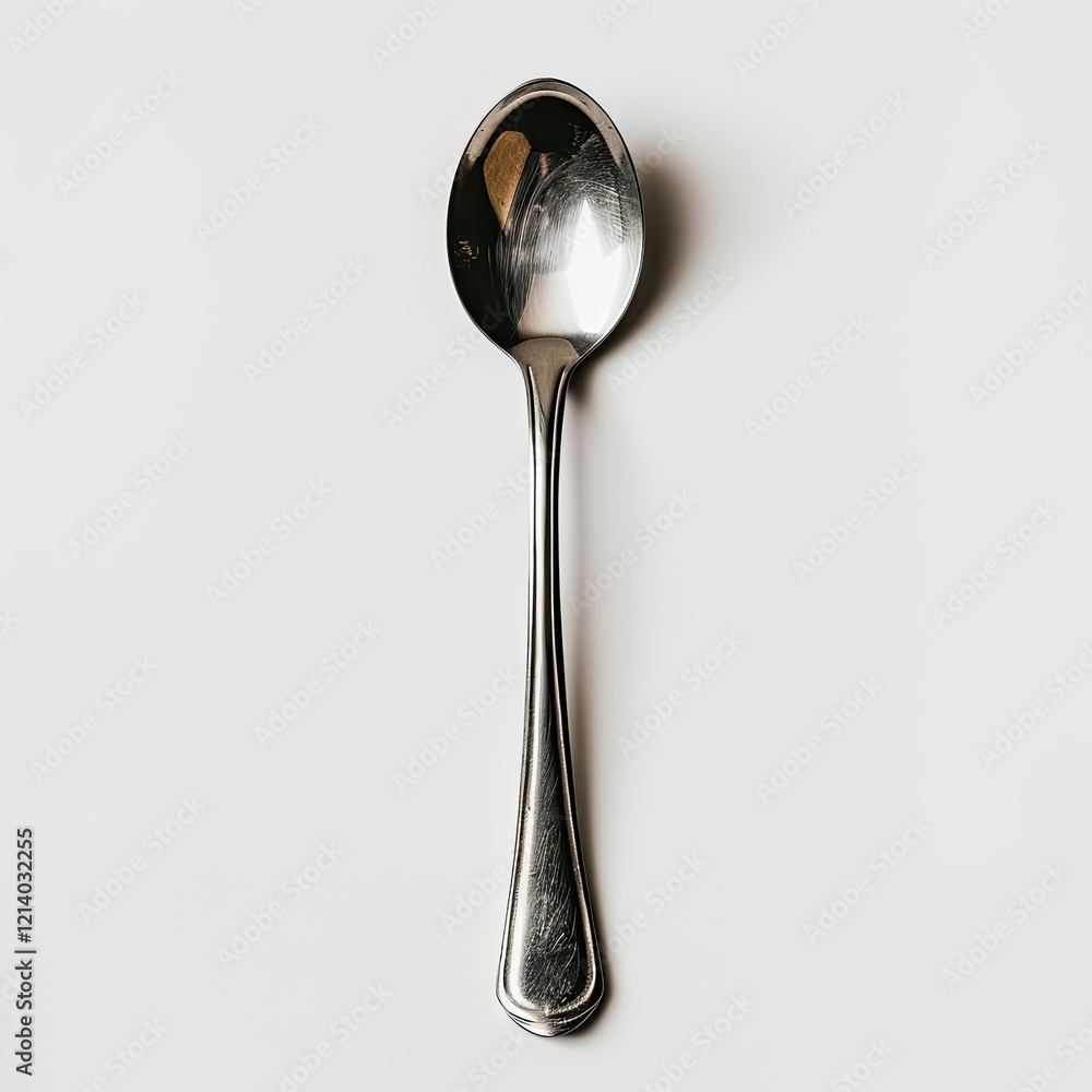 A shiny metal spoon placed isolated on white background, used for eating or serving food. A shiny metal spoon placed isolated on white background, used for eating or serving food.