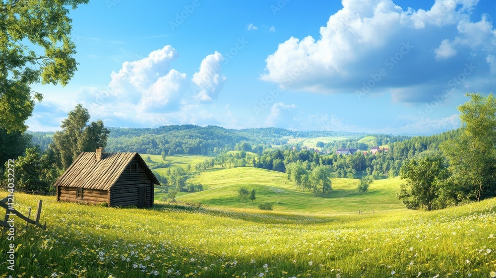 Obraz premium Picturesque Rural Scene Wooden Cabin in a Flower Meadow with Rolling Hills and Cloudy Blue Sky.