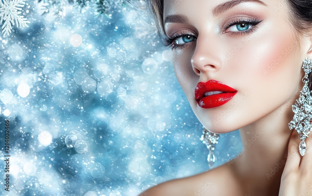 A glamorous woman with bold red lipstick and sparkling earrings, against a frosted blue background with icy glitter for a winter holiday theme A glamorous woman with bold red lipstick and sparkling earrings, against a frosted blue background with icy glitter for a winter holiday theme