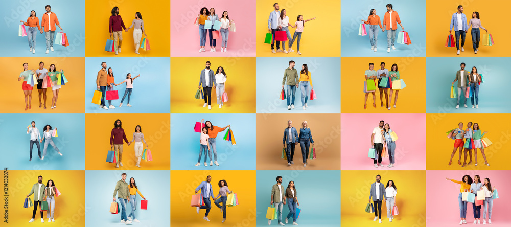 A lively collection of people engages in shopping activities, showcasing colorful bags filled with purchases. The atmosphere reflects excitement and consumerism typical of a sale event. A lively collection of people engages in shopping activities, showcasing colorful bags filled with purchases. The atmosphere reflects excitement and consumerism typical of a sale event.