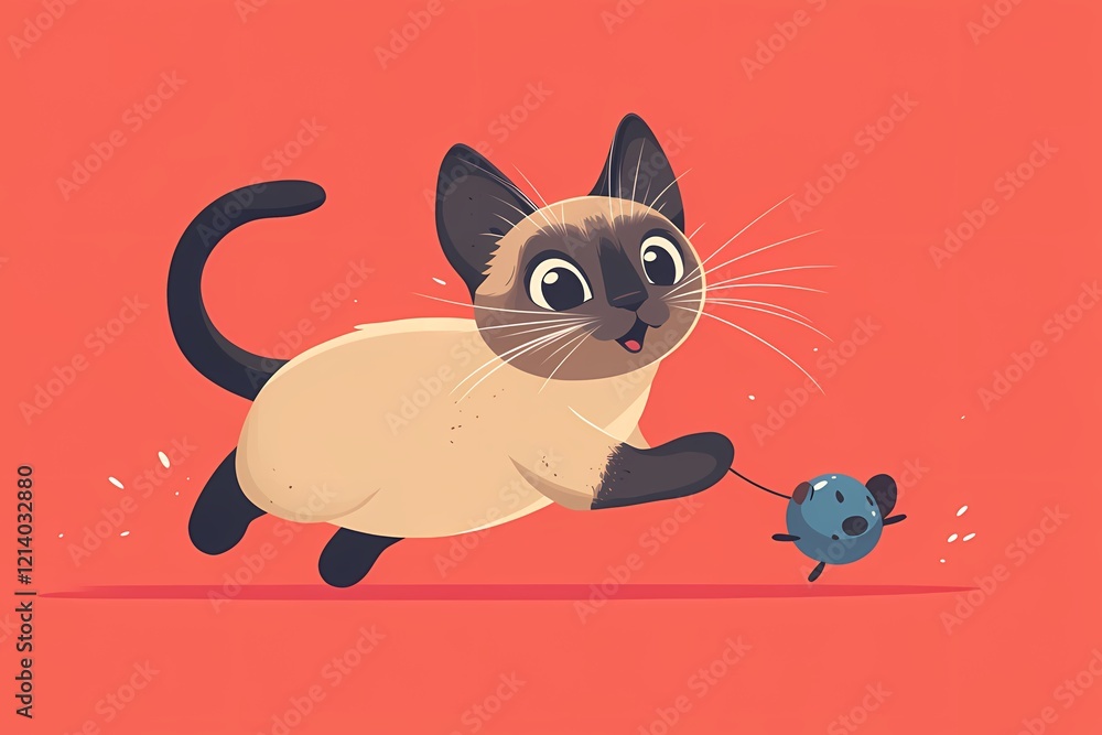 Fototapeta premium flat cartoon illustration of playful Siamese cat playing a toy mouse