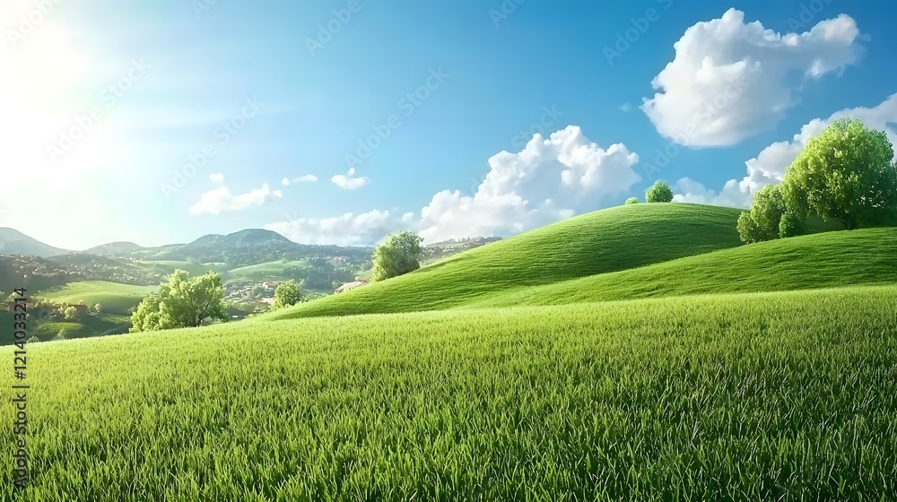 Obraz premium Lush green rolling hills and meadows under a bright blue sky with fluffy white clouds in a picturesque serene countryside landscape Tranquil pastoral scene with natural beauty and scenic vista