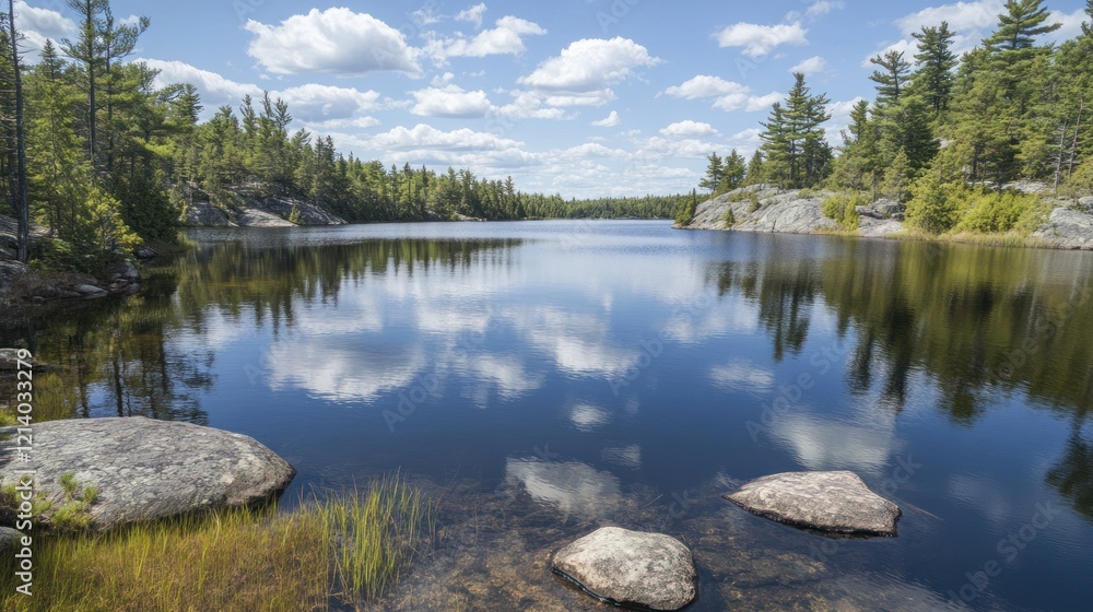 Serene lake reflecting clouds and trees in a pristine forest Serene lake reflecting clouds and trees in a pristine forest