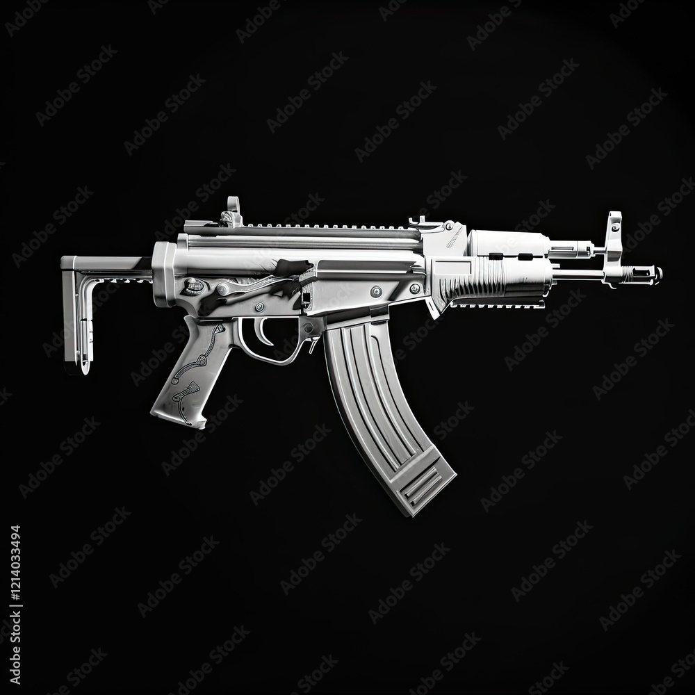 A detailed image of a modern firearm against a black background. A detailed image of a modern firearm against a black background.