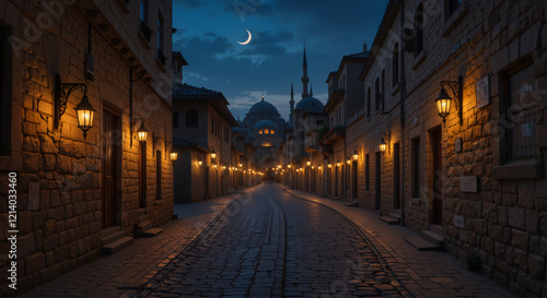 Fototapeta Naklejka Na Ścianę i Meble -  street at night  and mosque background