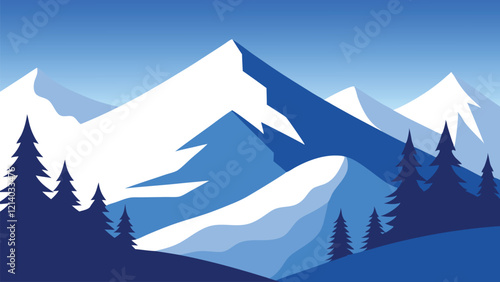 Snow laden trees amidst the mountains, showcasing the beauty of winter's embrace flat vector illustration.
