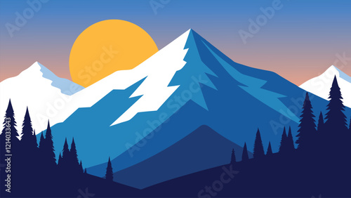 Snowy mountain landscape featuring tall trees and a bright sun flat vector illustration