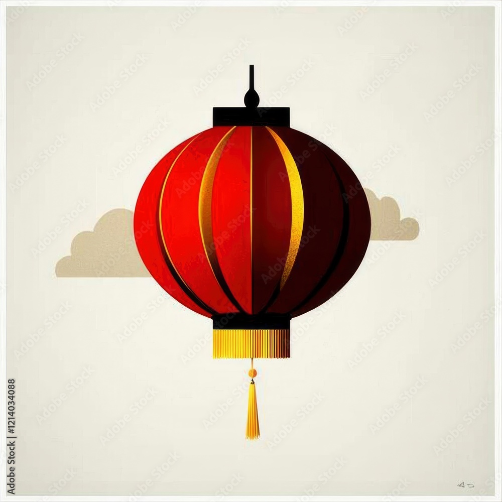 Obraz premium Red and Gold Chinese Lantern Floating in a Cloudy Sky - Asian Festive Decoration
