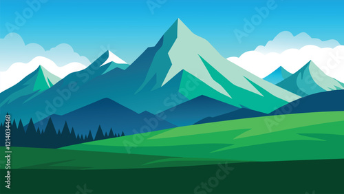 Stunning landscape featuring a majestic mountain range set against a vibrant green field of grass flat vector illustration.