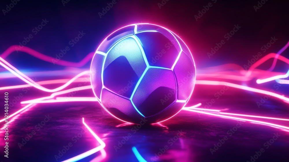 Fototapeta premium Glowing football with neon lines, abstract 3D design illustration. 
