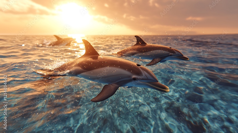 Obraz premium Dolphins swimming ocean sunset; tranquil marine wildlife scene