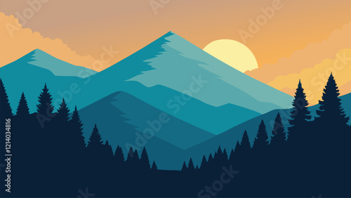 Sunlight filters through the trees, illuminating the serene mountain landscape flat vector illustration.
