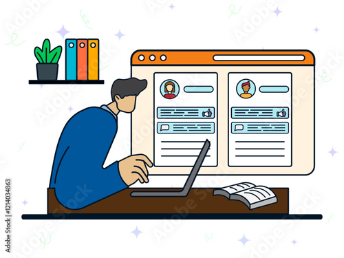 Administrator social media concept. A man using laptop to uploading social media content for her customers. Viral, promotion, feedback, like, comment, account, project status. 