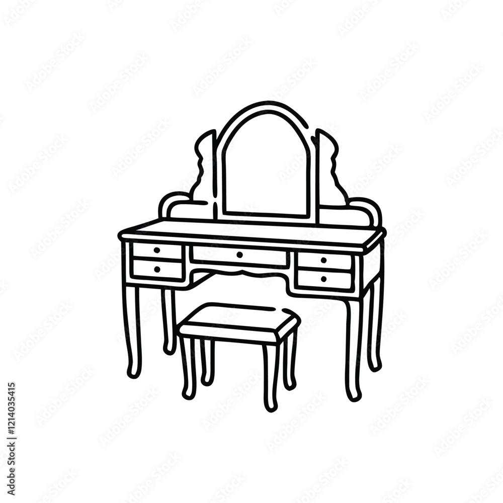 Vanity Table Furniture Hand drawn line art flat vector illustration on white background Vanity Table Furniture Hand drawn line art flat vector illustration on white background