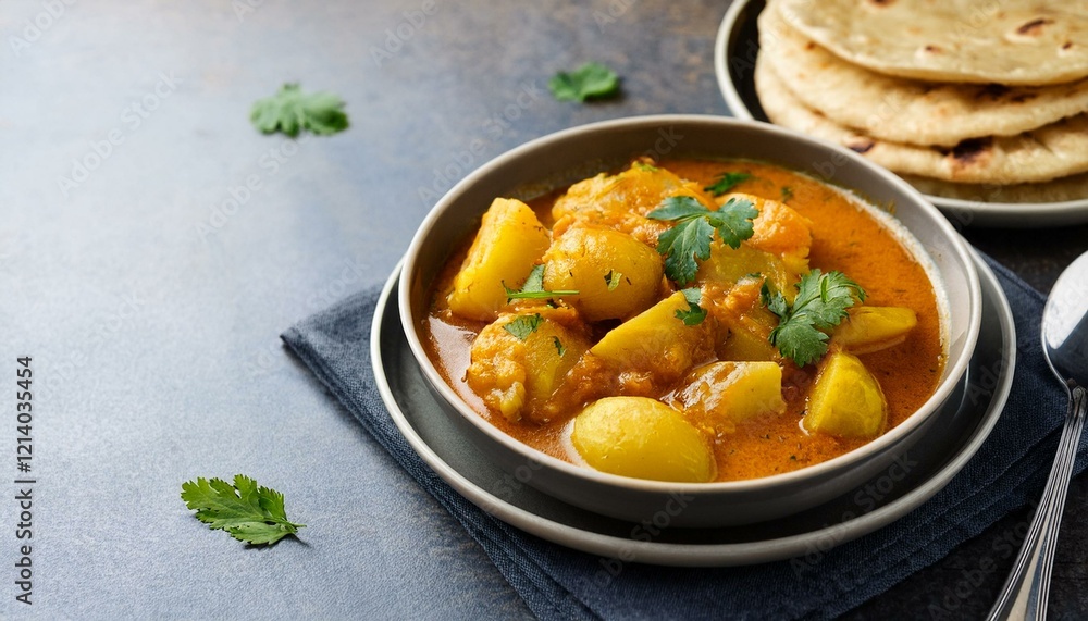 Indian traditional cuisine potato curry or aloo curry served with flatbread Indian traditional cuisine potato curry or aloo curry served with flatbread