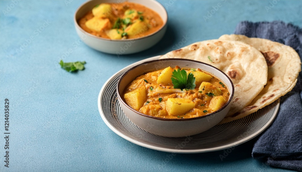 Indian traditional cuisine potato curry or aloo curry served with flatbread on blue background Indian traditional cuisine potato curry or aloo curry served with flatbread on blue background