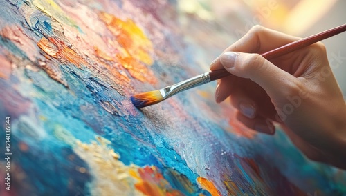 A close-up of an artist's hand holding a paintbrush, painting vibrant watercolor strokes on paper with rich colors and textures